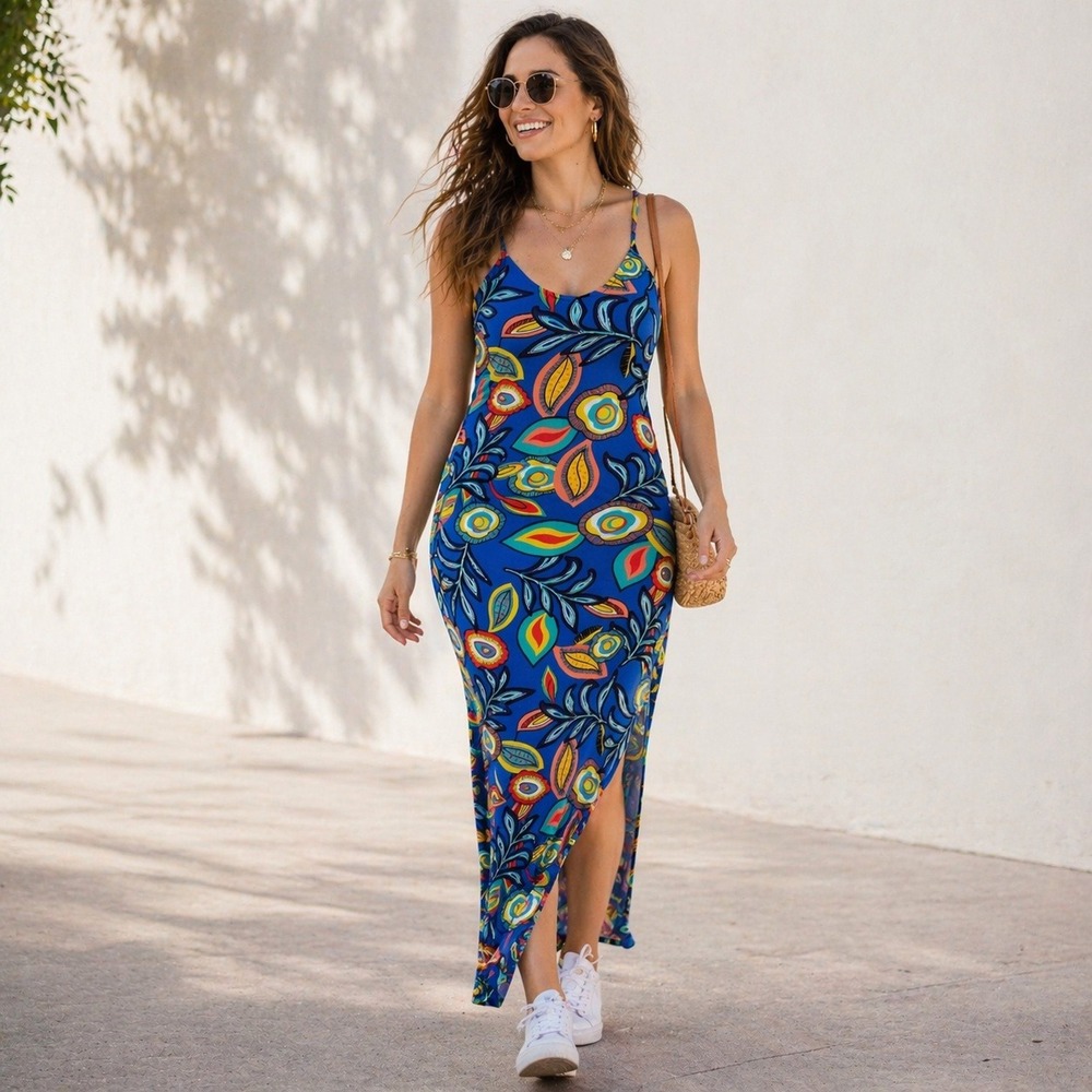 Love J Maxi Dress Abstract Floral Blue Dopamine‎ Bodycon Stretch Medium